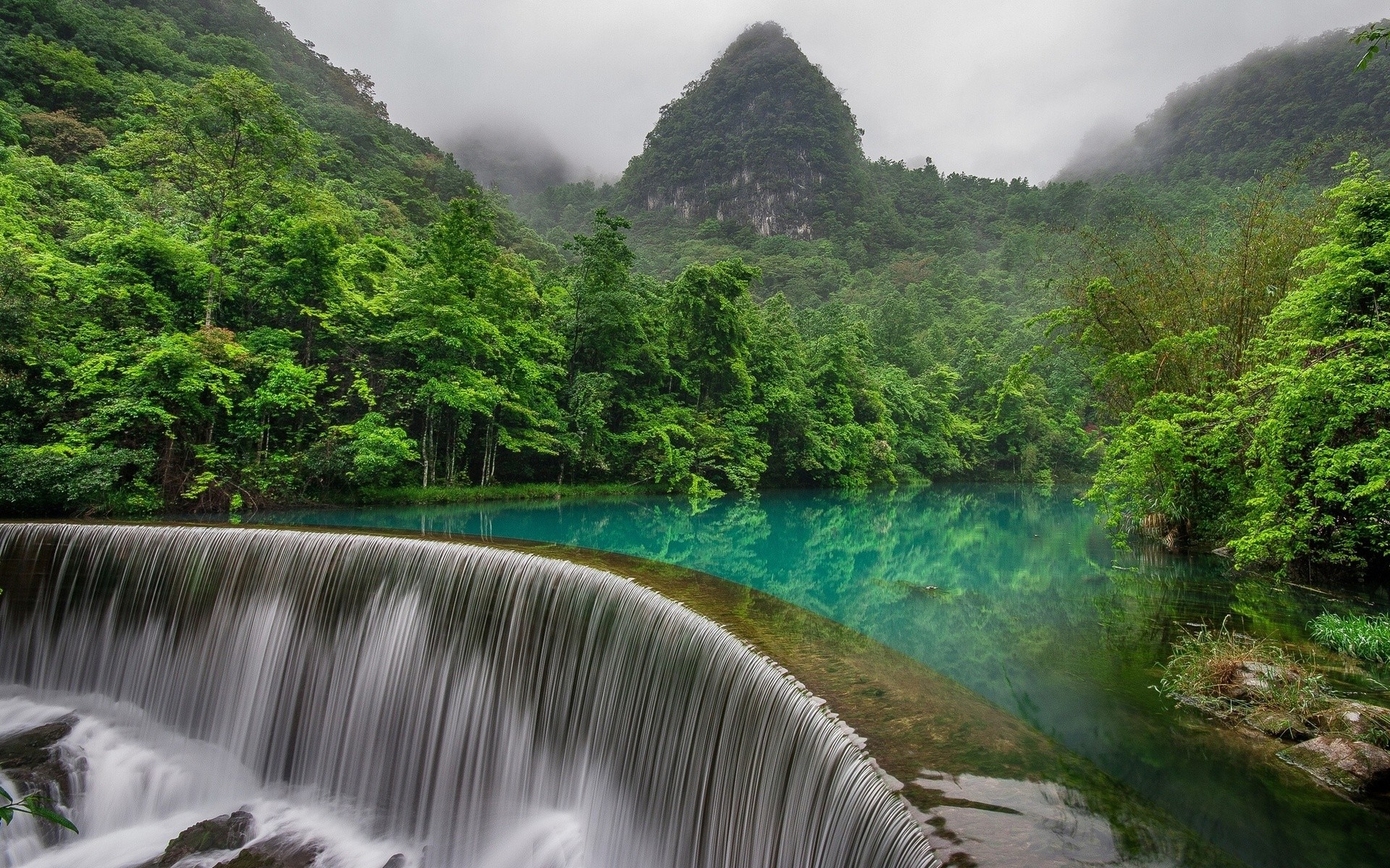 General 1920x1200 nature landscape trees forest China lake waterfall stones mountains mist jungle long exposure reflection Asia
