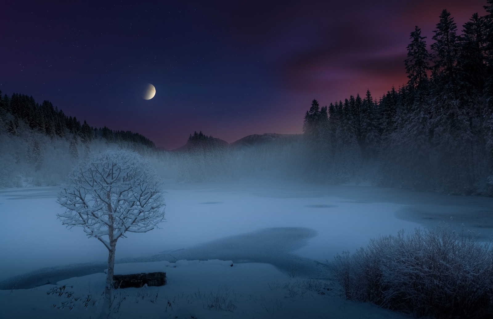 General 1600x1035 nature landscape mist lake snow forest Moon shrubs trees frost hills Norway moonlight starry night winter