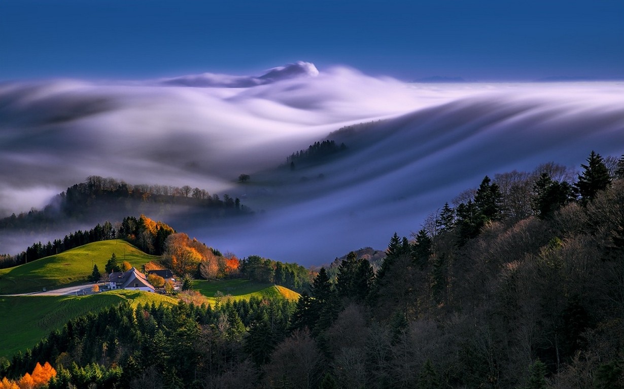 General 1230x768 nature mountains forest landscape mist trees grass fall clouds morning sunlight house farm waves Switzerland