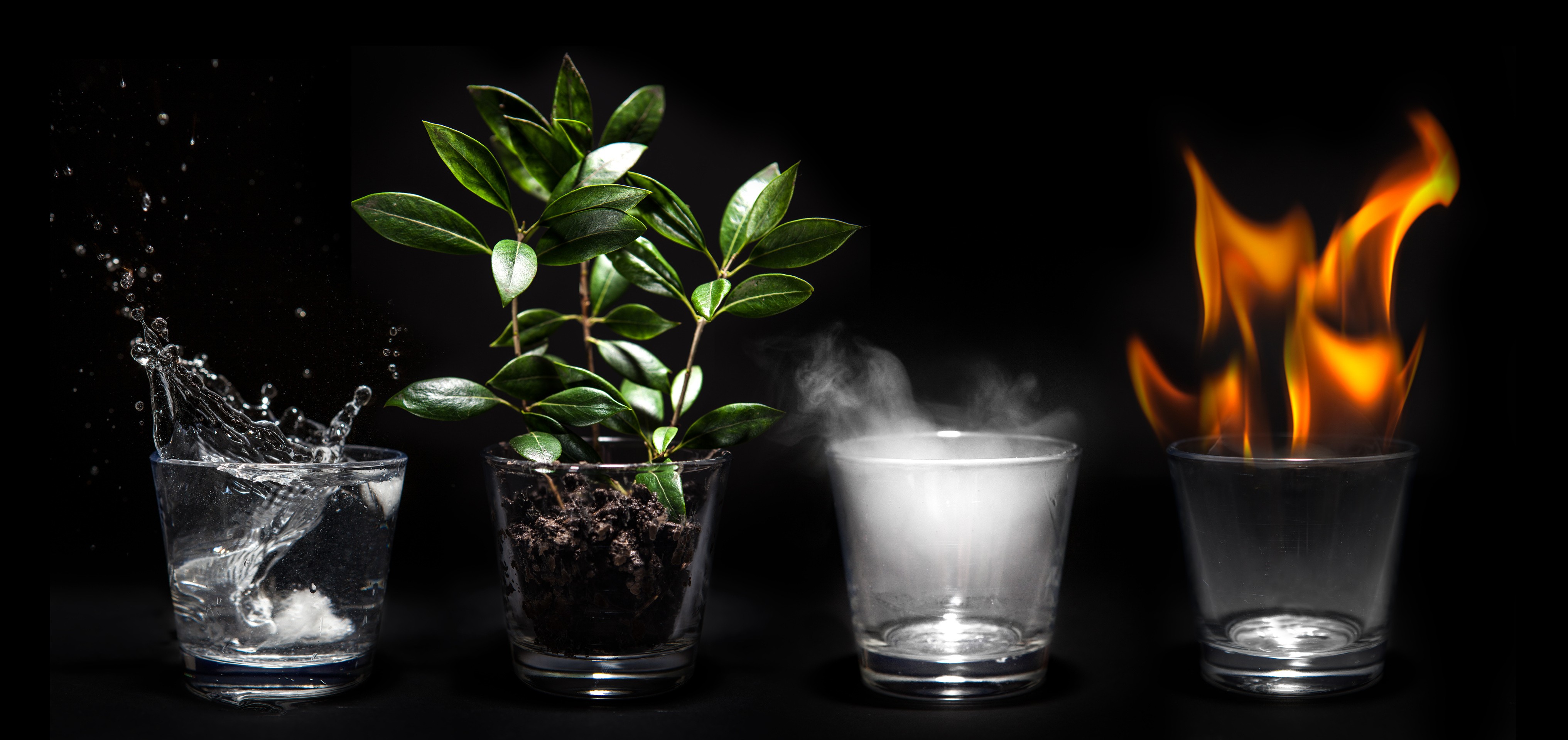 General 4065x1919 artwork plants fire leaves black background simple background water