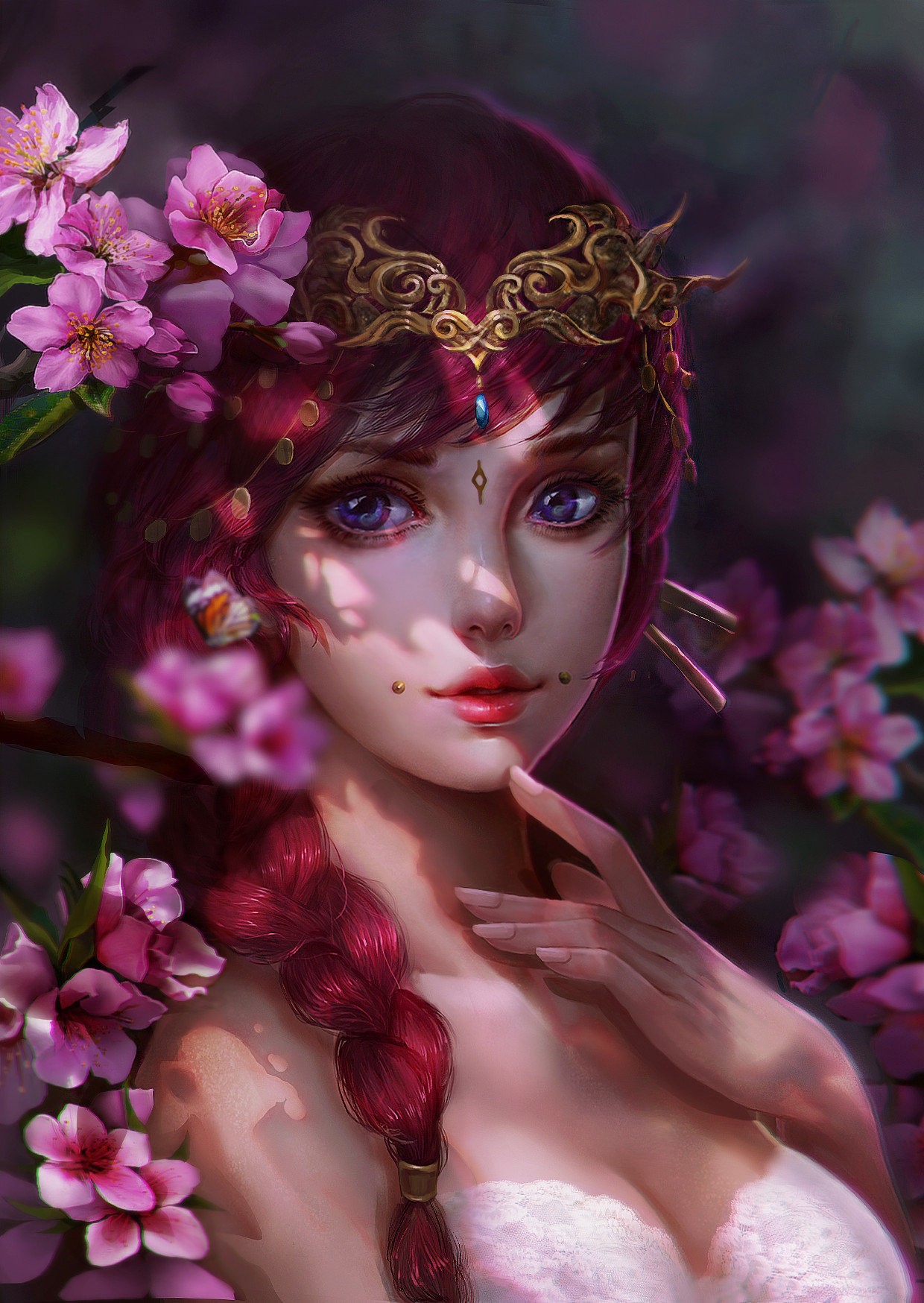 General 1240x1748 artwork fantasy girl flowers fantasy art face portrait red lipstick purple eyes women redhead long hair plants pink flowers