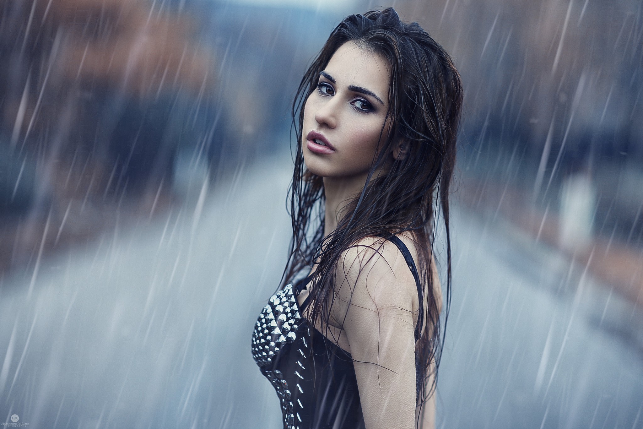 People 2048x1366 women model portrait looking at viewer rain Alessandro Di Cicco women outdoors wet makeup long hair