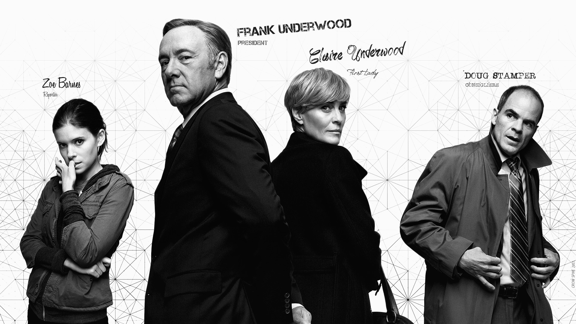 People 1920x1080 Frank Underwood House of Cards Zoe Barnes Claire Underwood Doug Stamper Kevin Spacey monochrome Robin Wright Kate Mara TV series standing looking at viewer