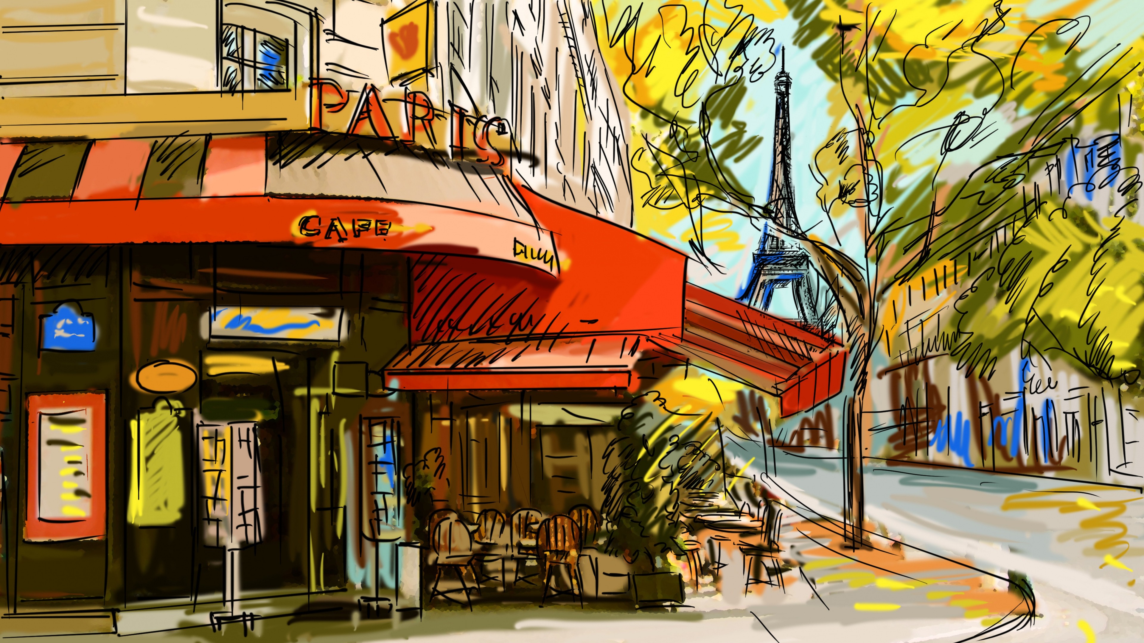 General 3840x2160 sketches Paris Eiffel Tower city urban artwork cafe France digital art drawing