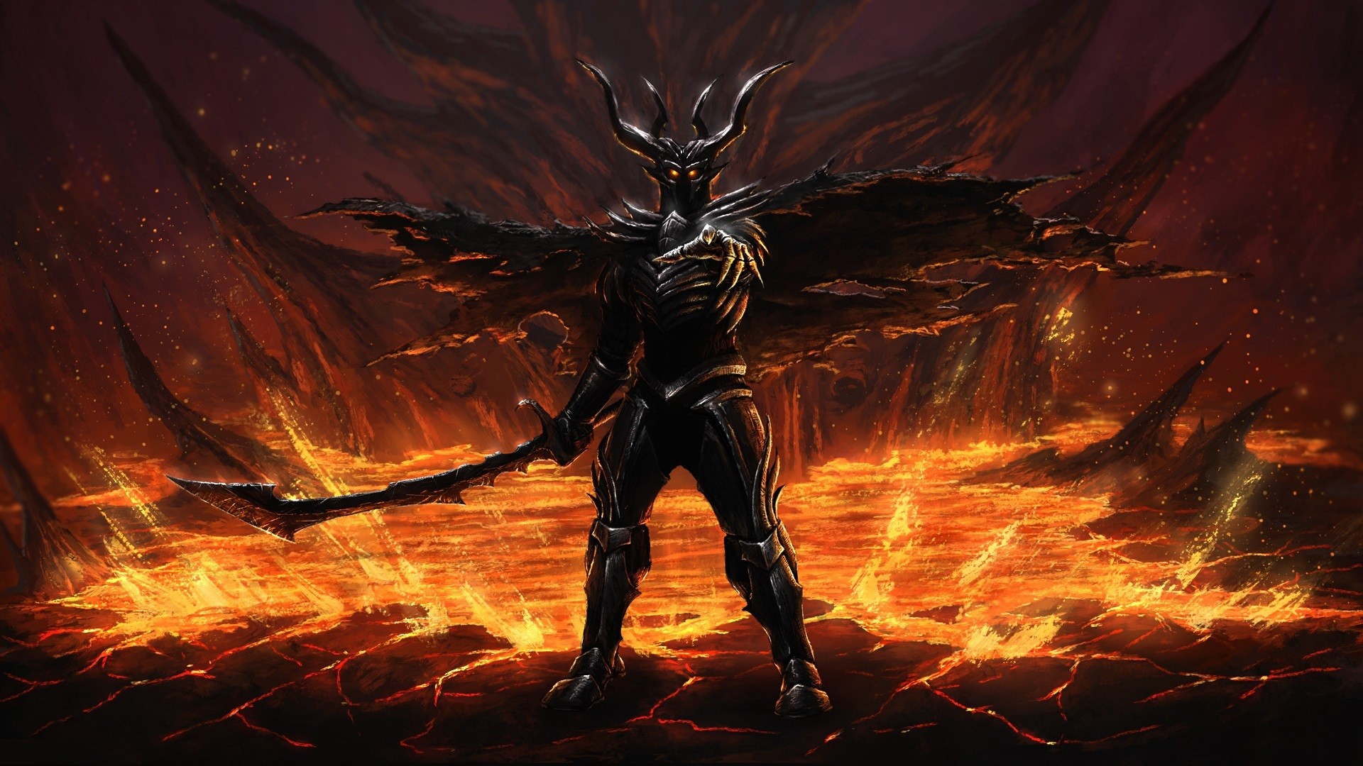 General 1920x1080 fantasy art demon dark fantasy glowing eyes sword weapon creature lava