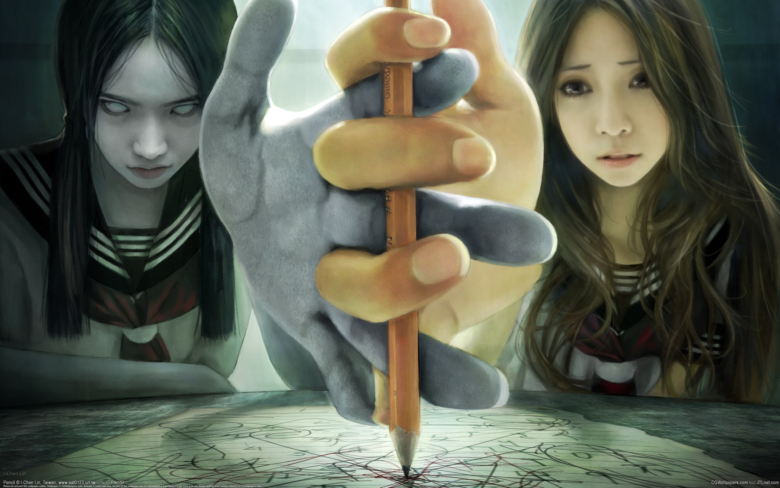 General 2560x1600 ghost artwork horror Asian women pencils hands brunette anime anime girls