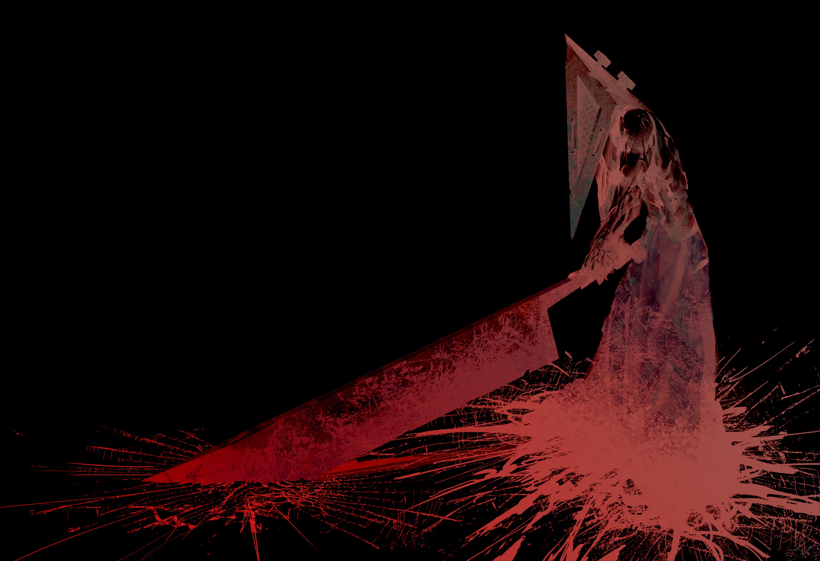 General 2850x1950 Silent Hill Pyramid Head minimalism video games video game art Video Game Horror blood weapon simple background black background