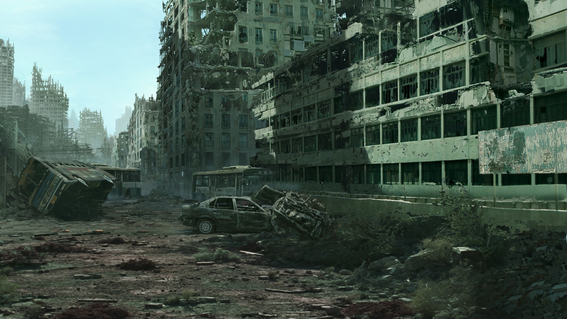 General 1920x1080 artwork digital art urban decay city building ruins apocalyptic car buses vehicle wreck abandoned