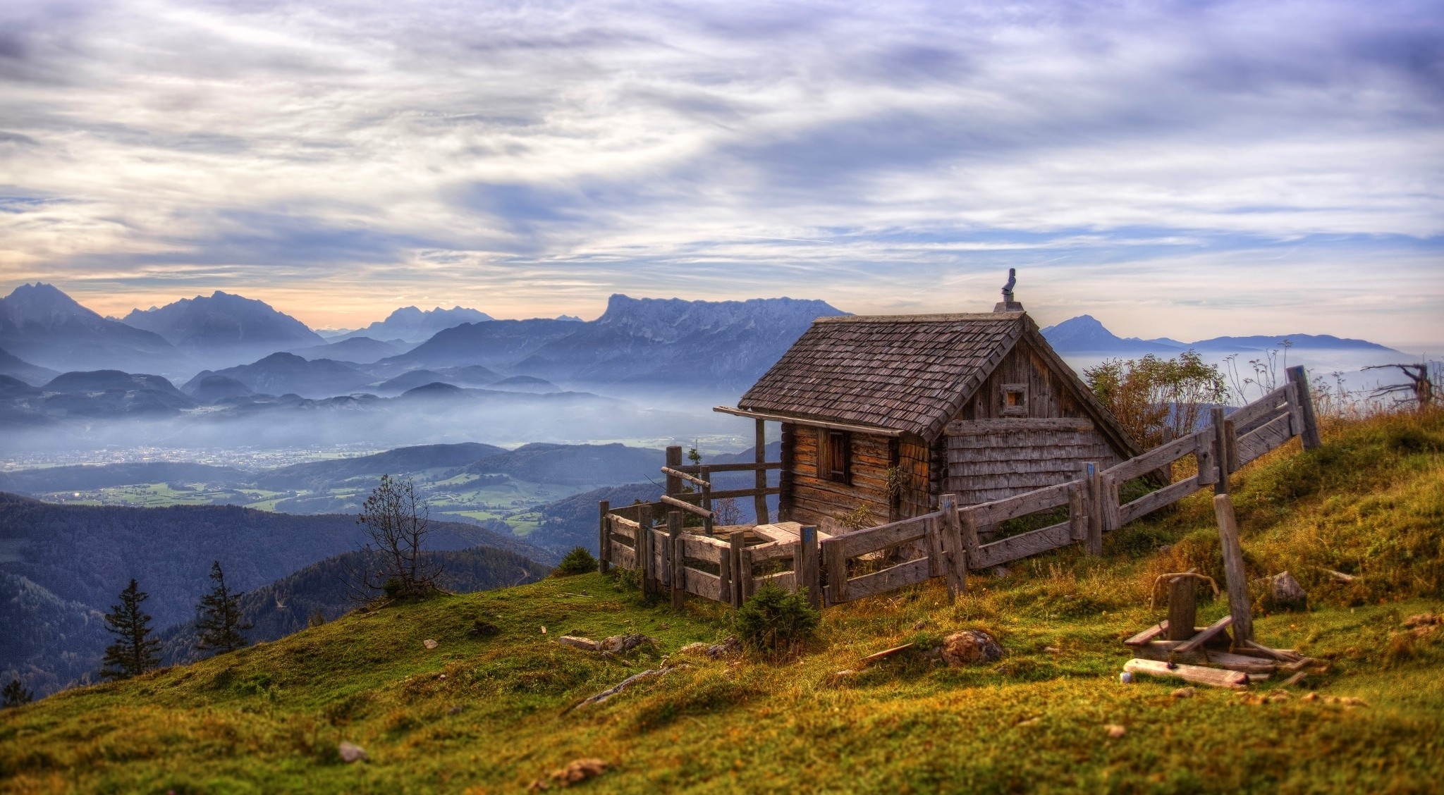 General 2048x1128 nature landscape mist mountains cabin cottage fence valley grass clouds Salzburg Austria
