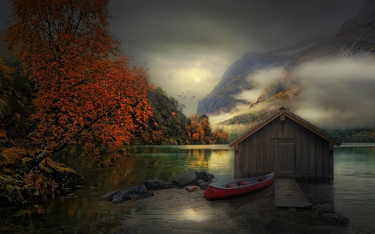 General 1230x768 nature landscape boathouses trees lake birds flying clouds mountains fall mist Alps Germany Obersee atmosphere overcast reflection boat