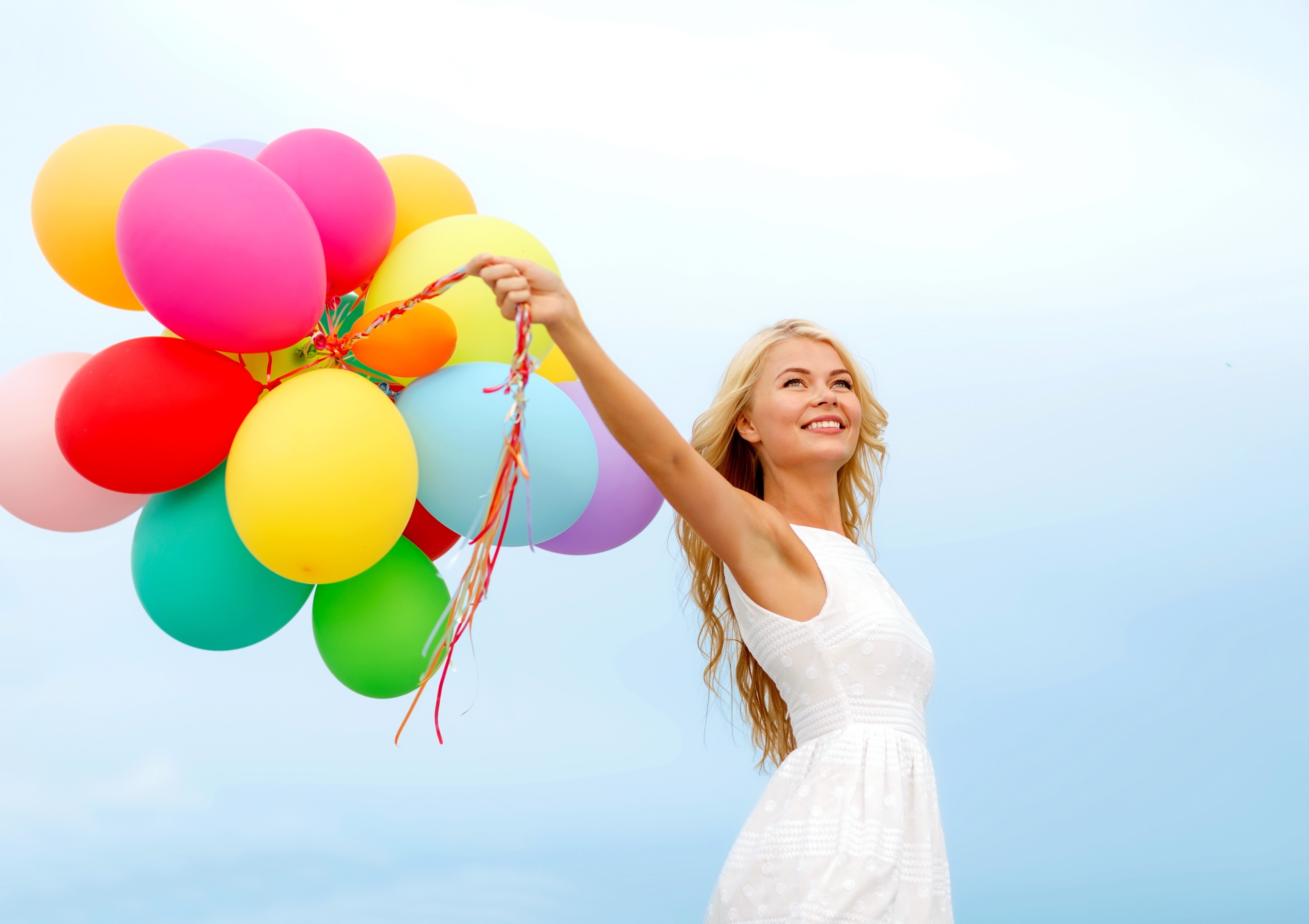 People 4761x3363 colorful balloon women white dress armpits smiling simple background blonde long hair happy dress white clothing looking up model
