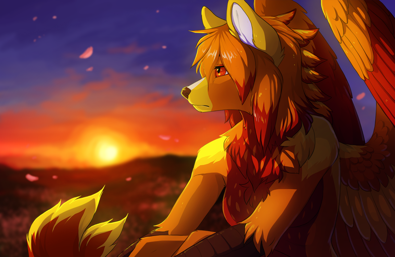 Anime 1280x832 furry Anthro sunset leaves wings