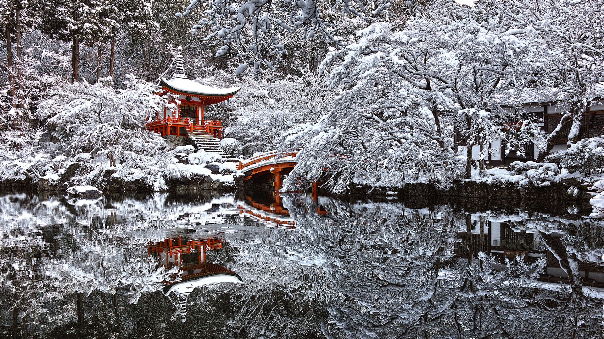 General 1920x1080 Japan temple snow winter reflection pond Kyoto Asia cold ice