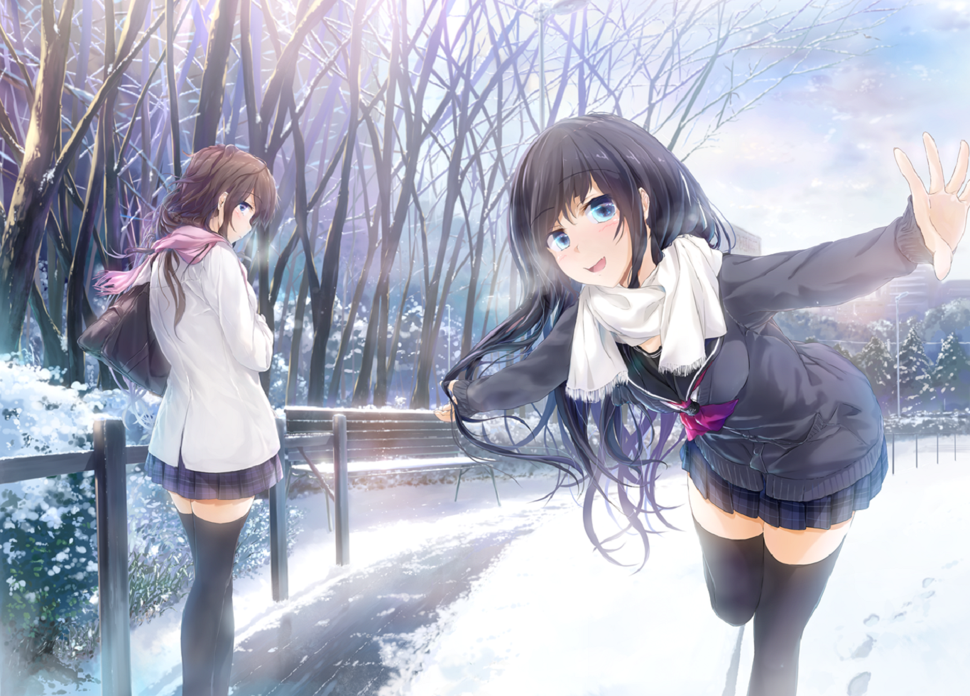 Anime 1366x980 anime girls anime original characters snow two women winter cold ice aqua eyes stockings black stockings long hair dark hair