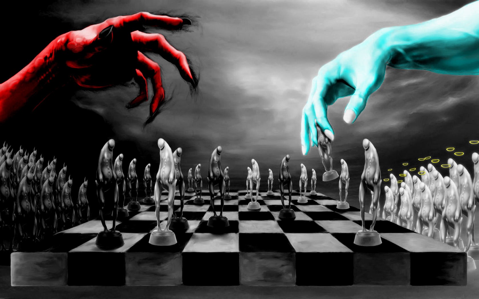 General 1680x1050 chess devil God digital art hands selective coloring red cyan board games