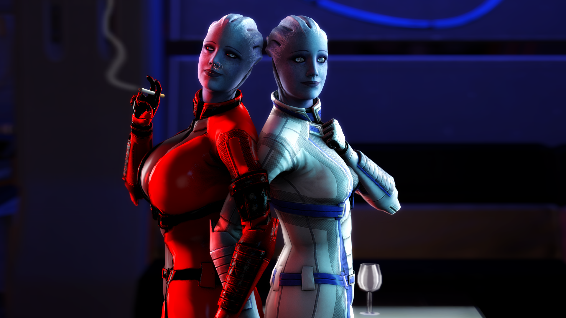 General 1920x1080 Mass Effect smoking video games big boobs cigarettes Liara T'Soni PC gaming boobs huge breasts two women nose ring CGI science fiction science fiction women video game art video game girls