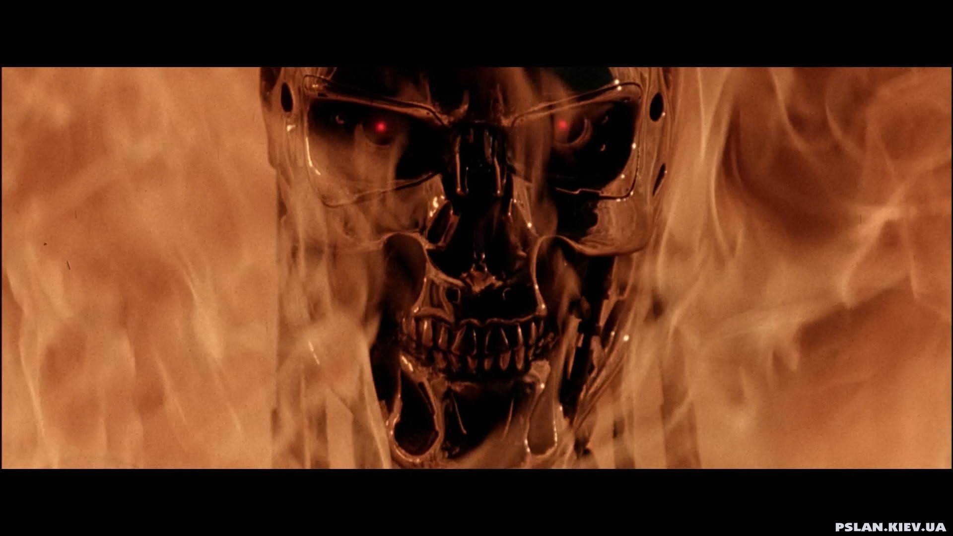 General 1920x1080 movies Terminator Terminator 2 endoskeleton machine fire apocalyptic cyborg film stills skull science fiction red eyes