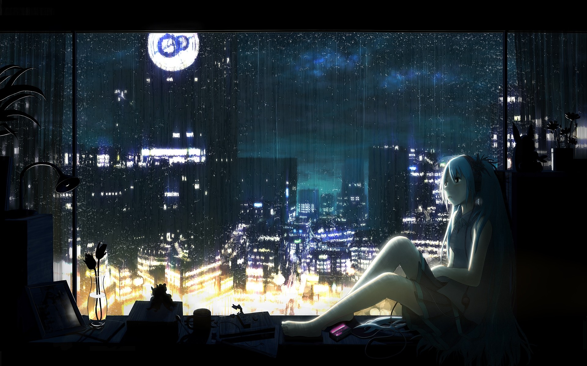Anime 1920x1200 cityscape city drawing futuristic anime girls fantasy art rain Hatsune Miku Vocaloid anime
