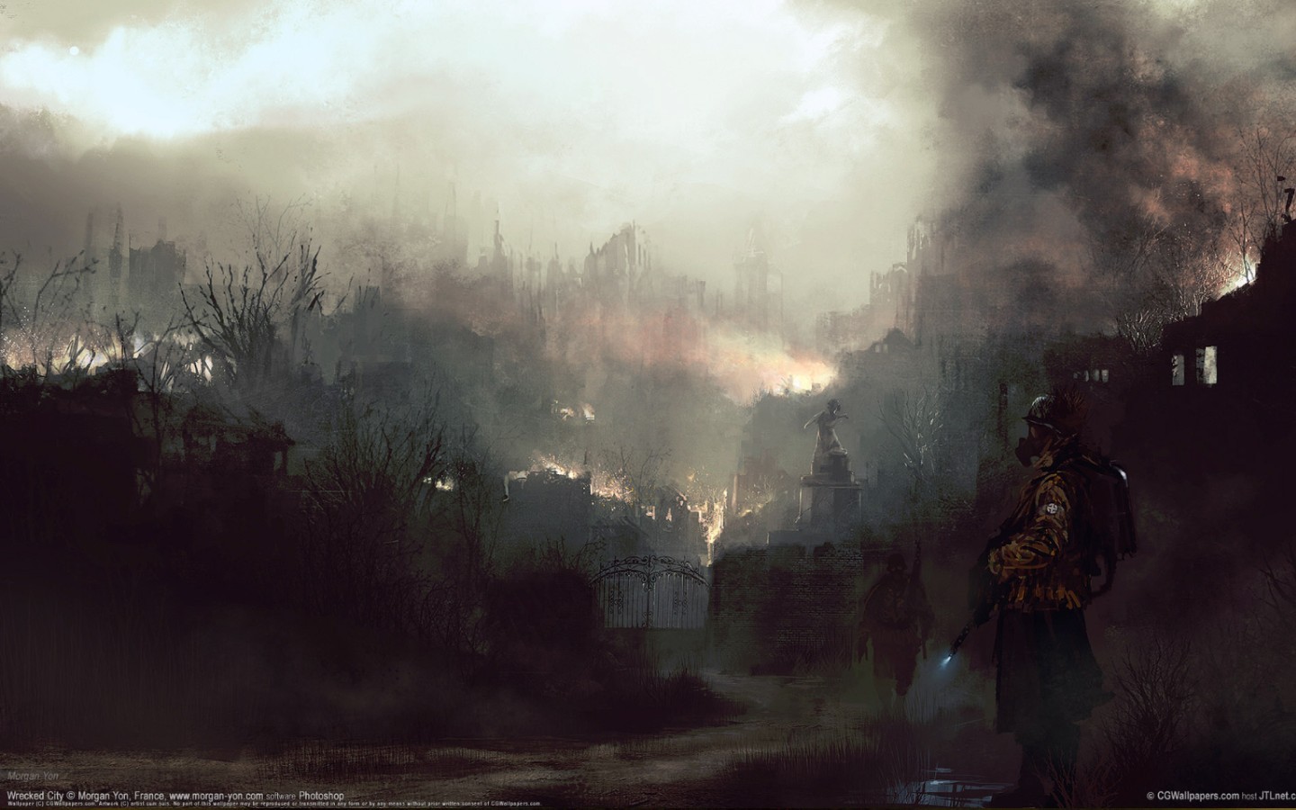 General 1440x900 landscape digital art artwork fire fantasy city Morgan Yon futuristic apocalyptic gas masks
