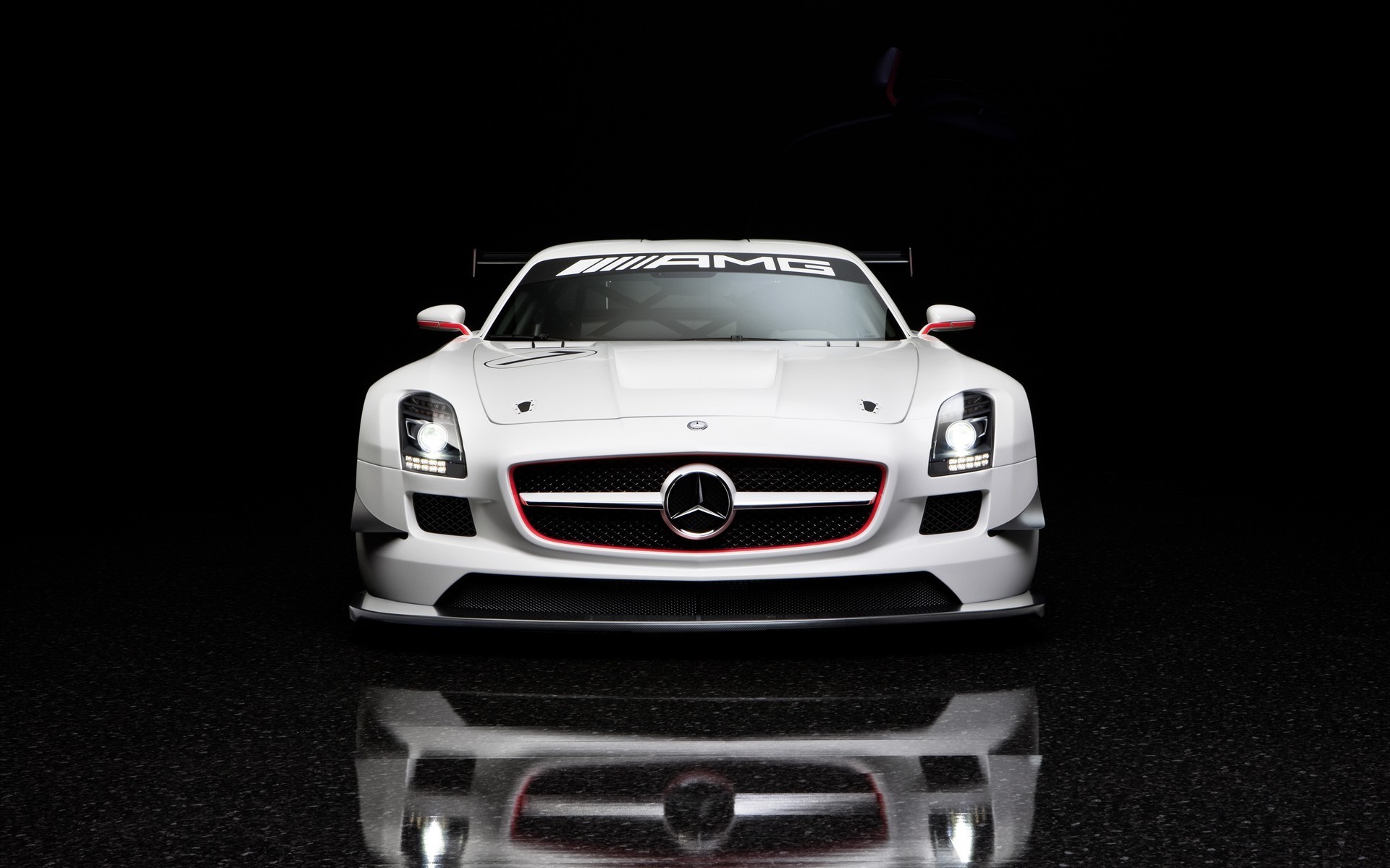 General 1920x1200 car white cars Mercedes-Benz vehicle Mercedes-Benz SLS AMG logo simple background reflection frontal view headlights minimalism