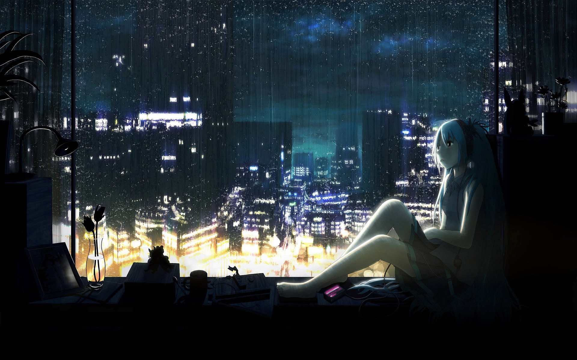 Anime 1920x1200 cityscape sitting window anime girls anime night women women indoors indoors legs city rain