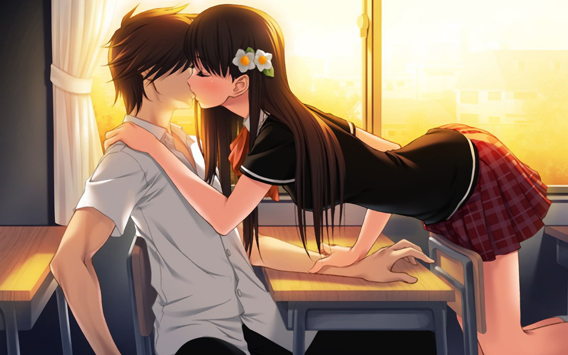 Anime 1920x1200 anime boys flower in hair anime girls kissing anime bent over miniskirt