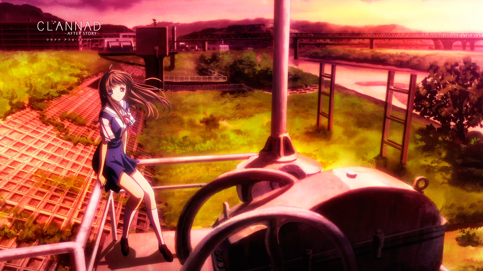 Anime 1920x1080 anime girls anime Clannad windy women outdoors outdoors long hair legs together