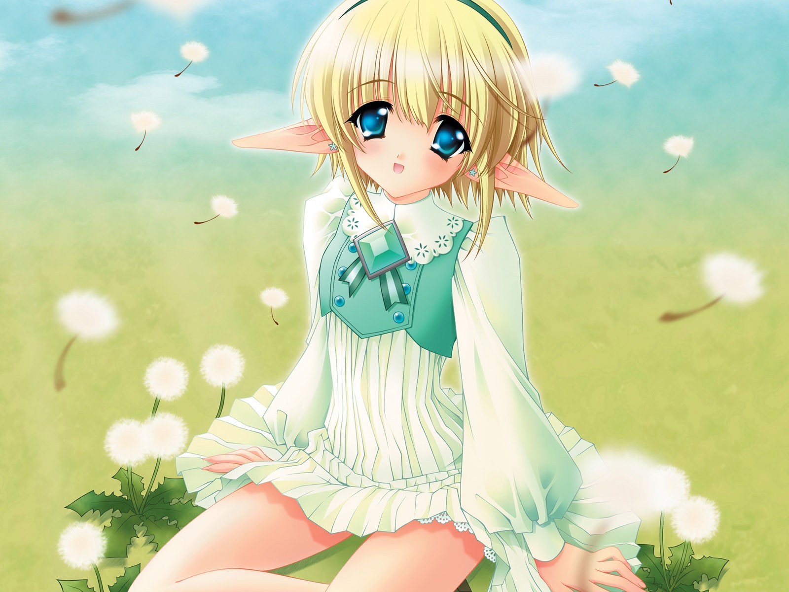 Anime 1600x1200 anime girls anime Moldavite blue eyes blonde pointy ears sitting