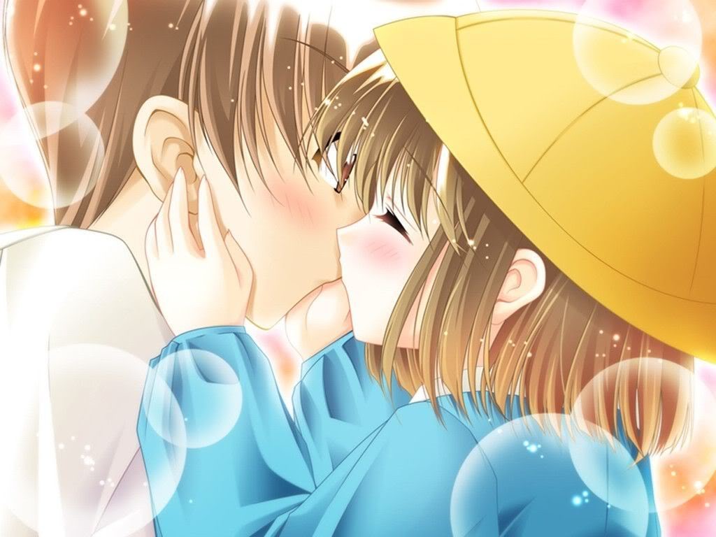 Anime 1024x768 anime girls anime kissing brunette women hat