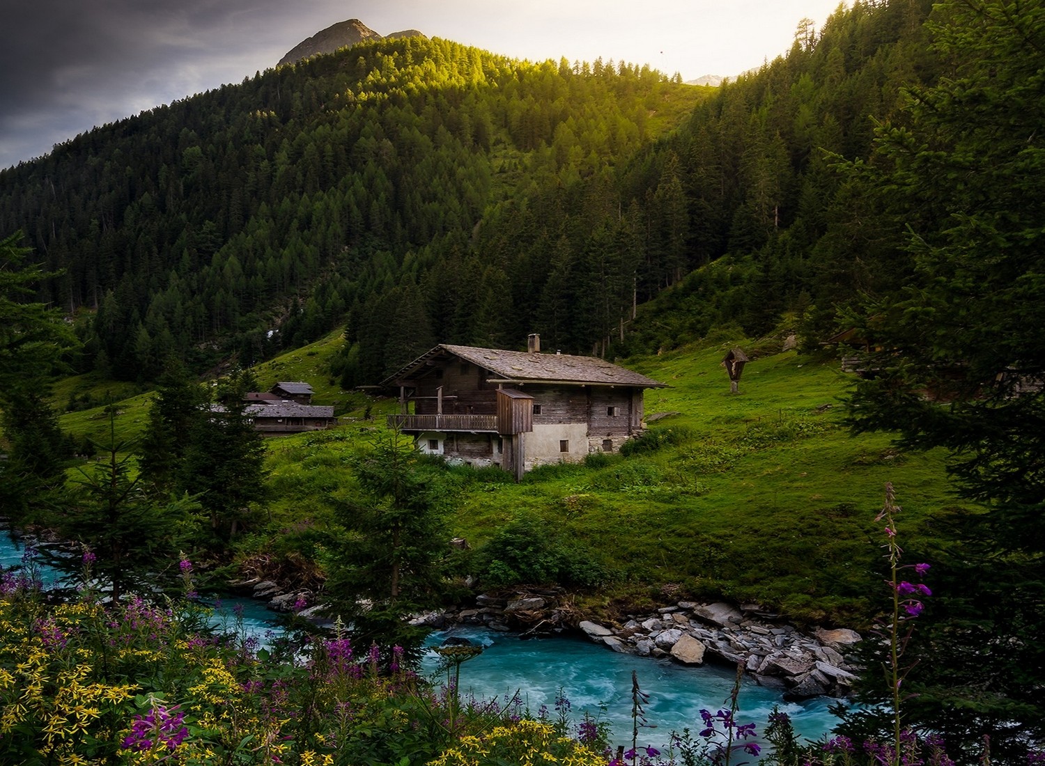 General 1500x1100 nature landscape river cottage forest Alps wildflowers Austria mountains spring trees water green turquoise