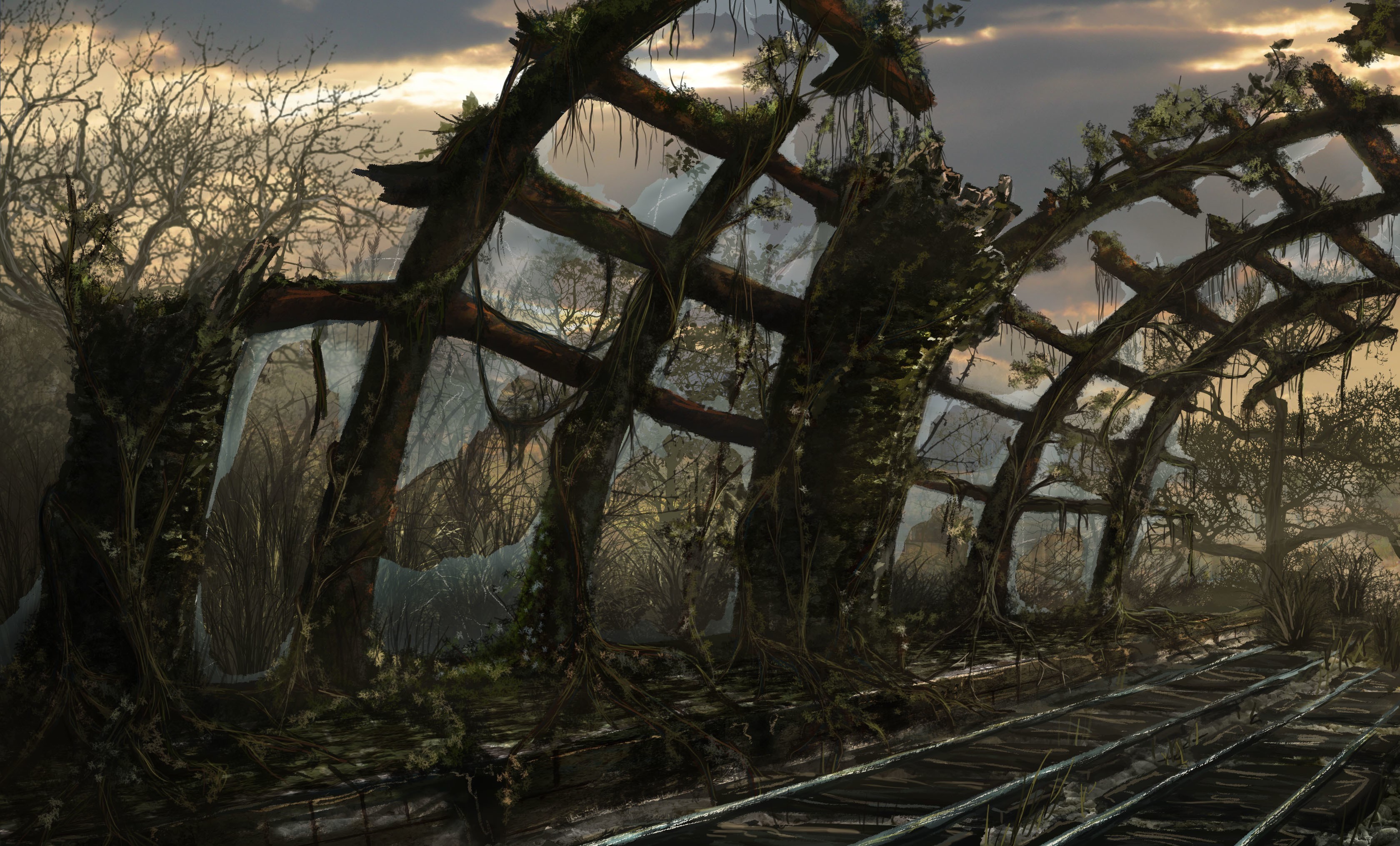General 3360x2030 artwork futuristic apocalyptic plants railway ruins digital art