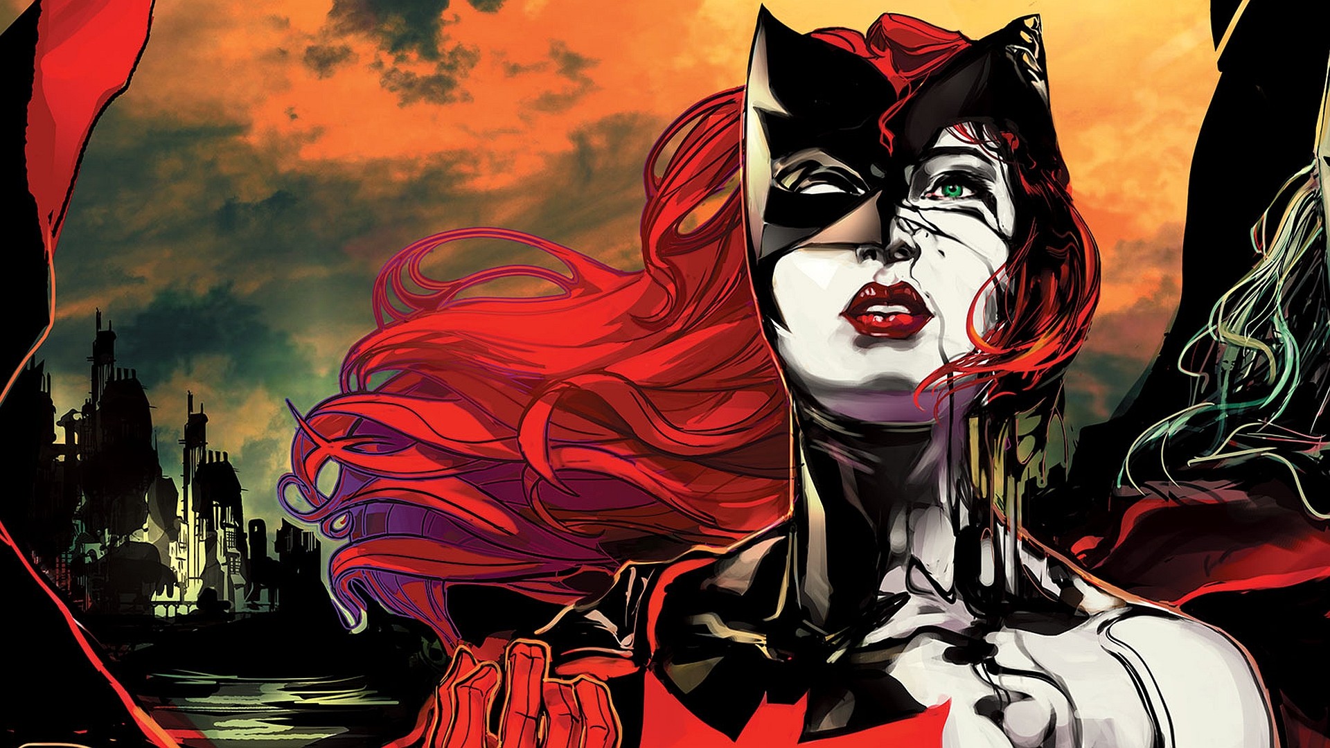 General 1920x1080 Batwoman superheroines DC Comics comic art comics red lipstick mask green eyes redhead long hair women
