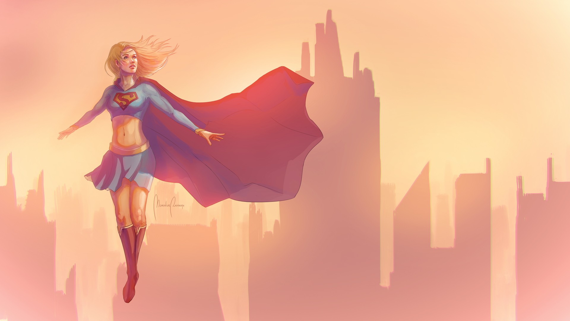 General 1920x1080 Supergirl miniskirt cape blonde superheroines drawing flying belly bare midriff skyline looking up