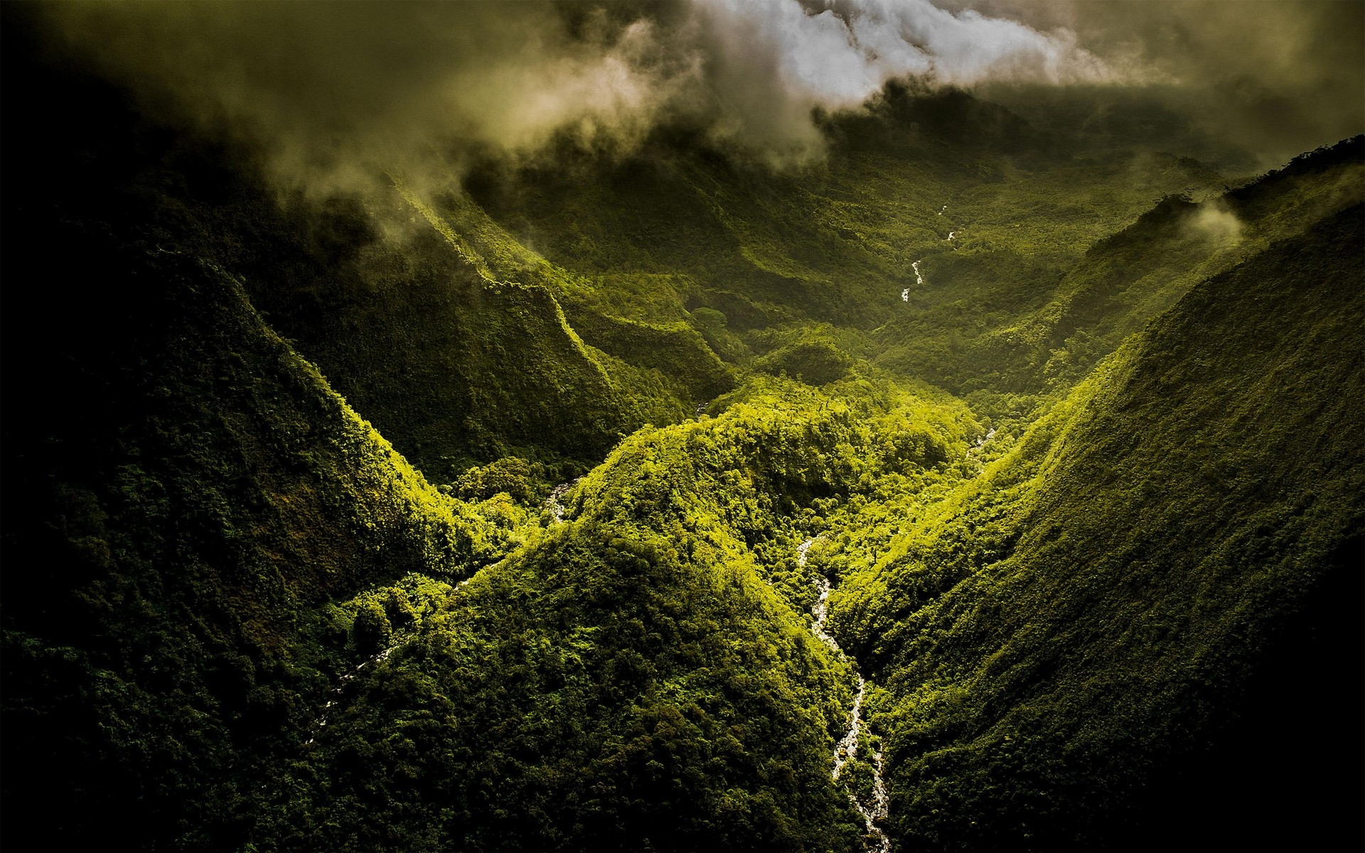 General 1920x1200 nature landscape mountains mist clouds valley river forest green Hawaii island aerial view