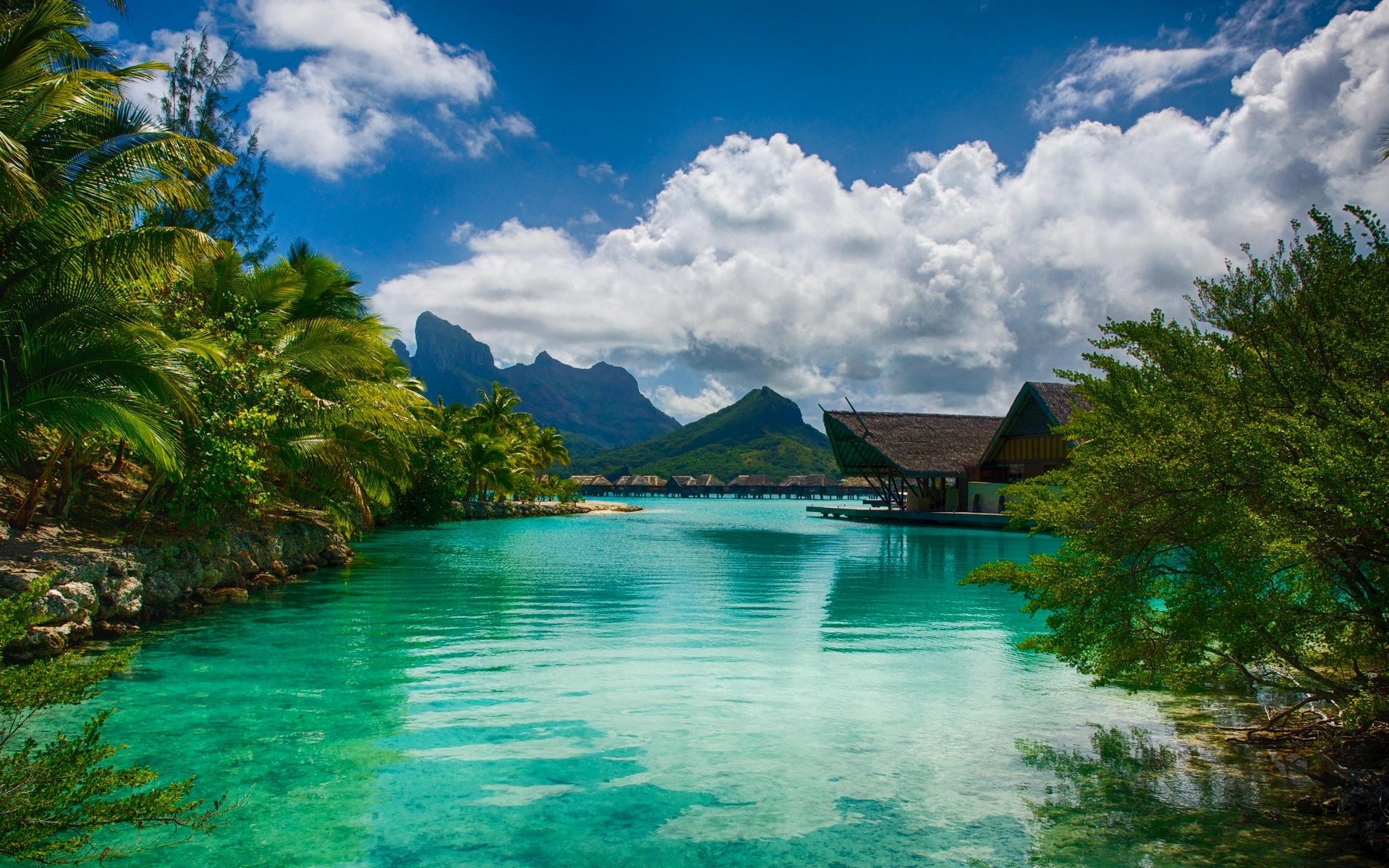 General 1920x1200 landscape nature sea resort palm trees Bora Bora tropical island mountains beach clouds French Polynesia summer vacation water turquoise