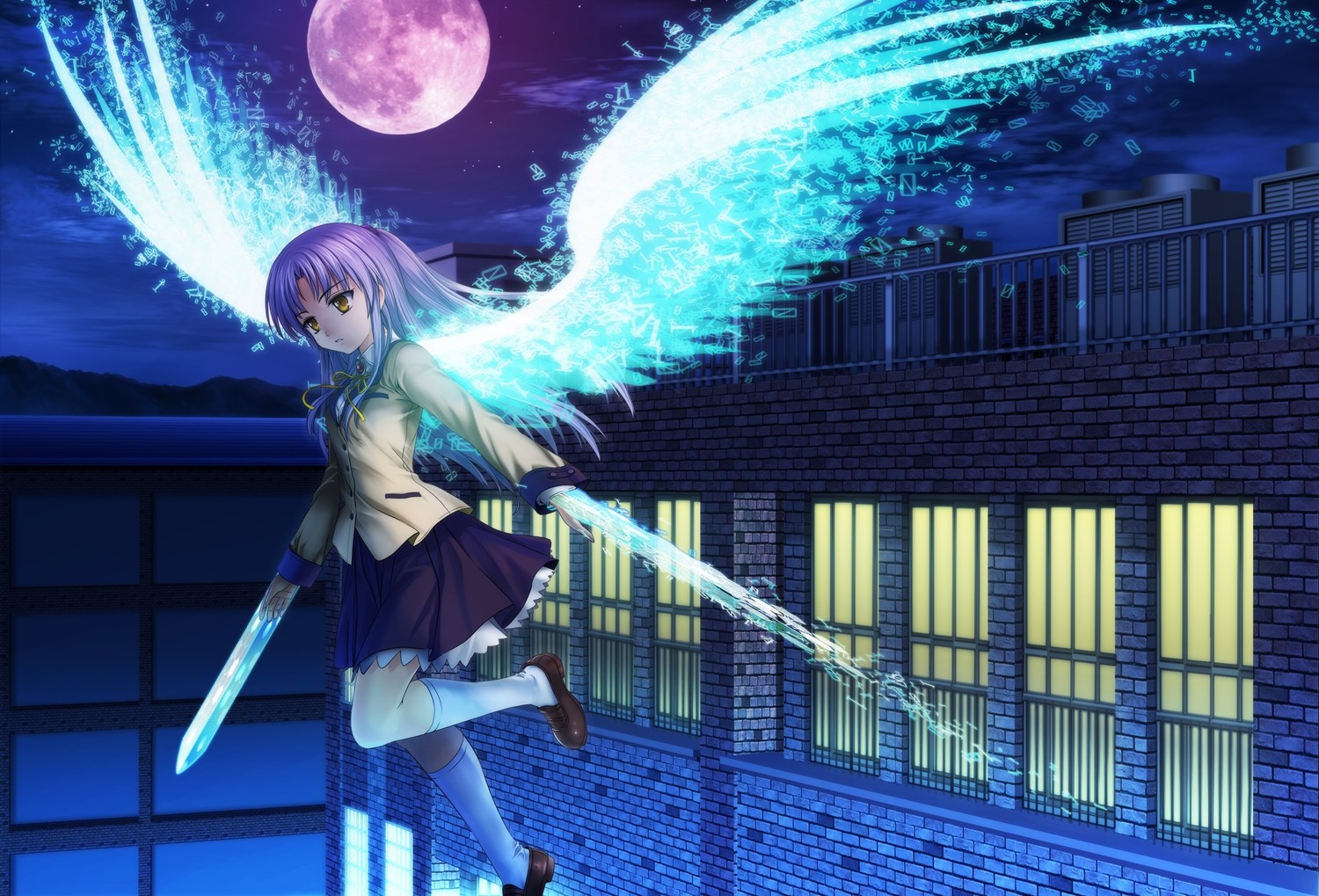 Anime 1500x1019 anime anime girls Angel Beats! Tachibana Kanade wings Moon night purple hair yellow eyes