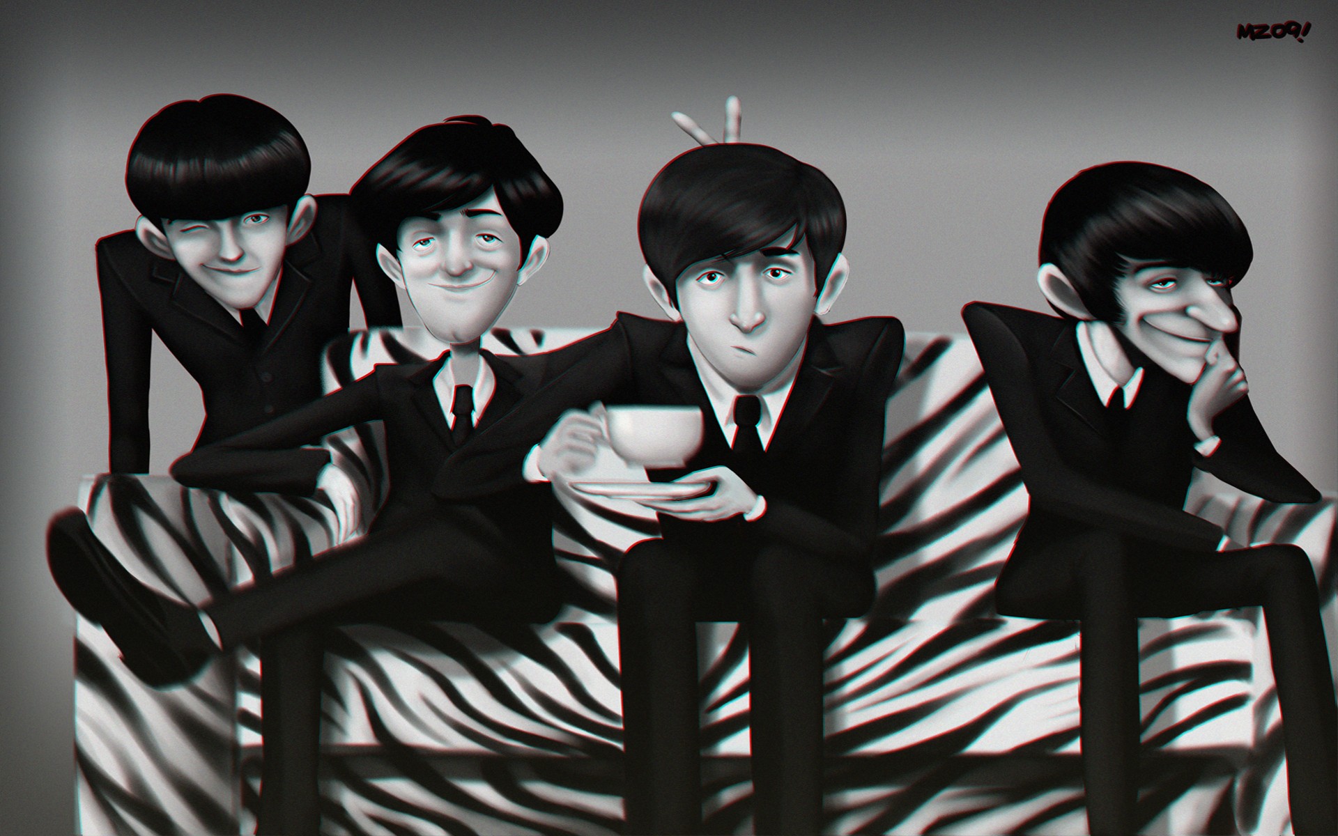 General 1920x1200 The Beatles band gray humor music cup hand gesture caricature