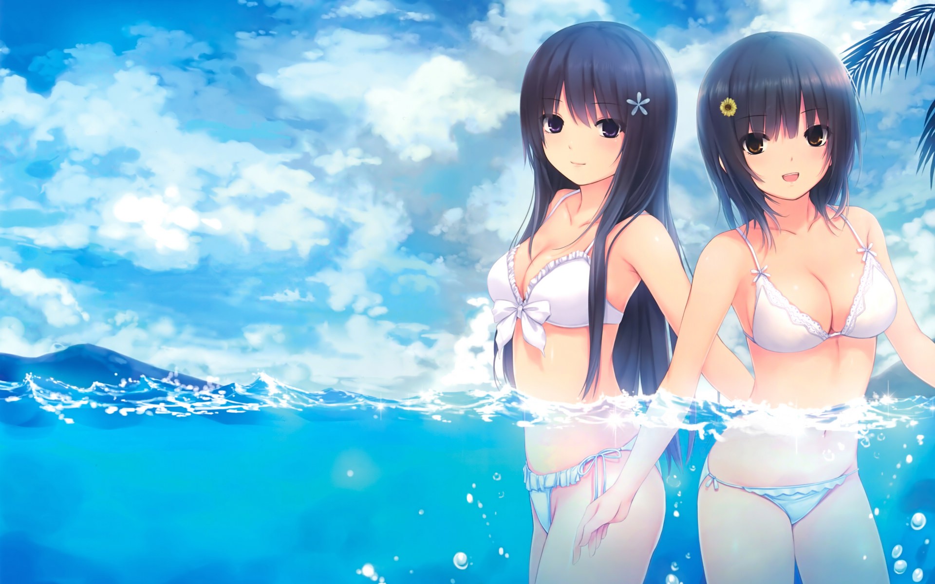 Anime 1920x1200 anime anime girls bikini hair ornament Aoyama Sumika Shiramine Rika Coffee-Kizoku two women boobs belly looking at viewer sea in water water standing swimwear