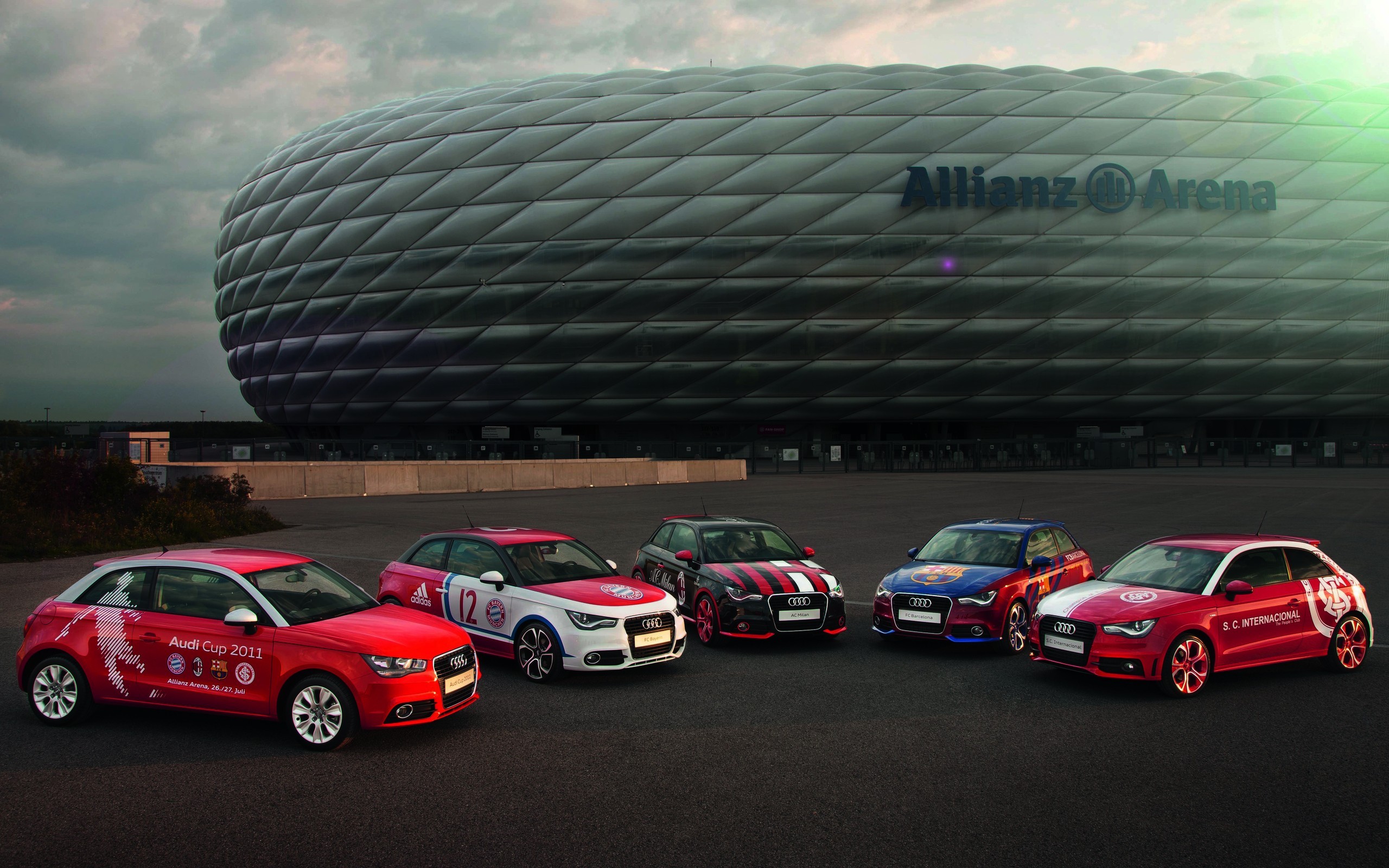 General 2560x1600 car Audi A1 Allianz Arena  Audi red cars Munich Germany black cars 2011 (Year) stadium vehicle
