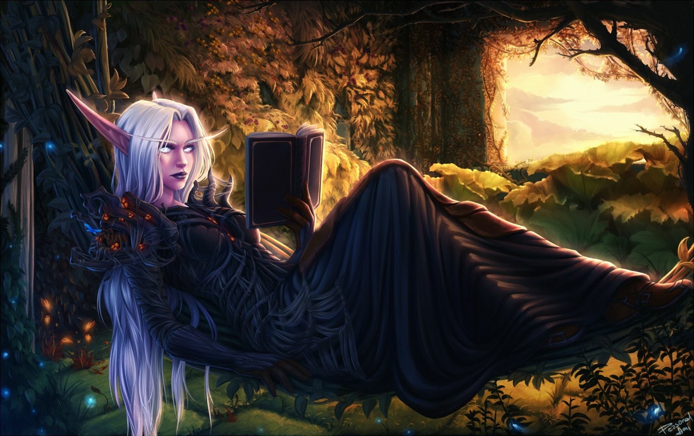 General 1400x880 fantasy art fantasy girl long hair PC gaming books pointy ears reading