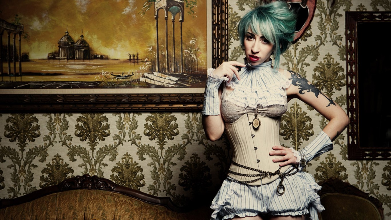 People 1366x768 corset women blue hair tattoo lingerie costumes women indoors green hair dyed hair red lipstick indoors model