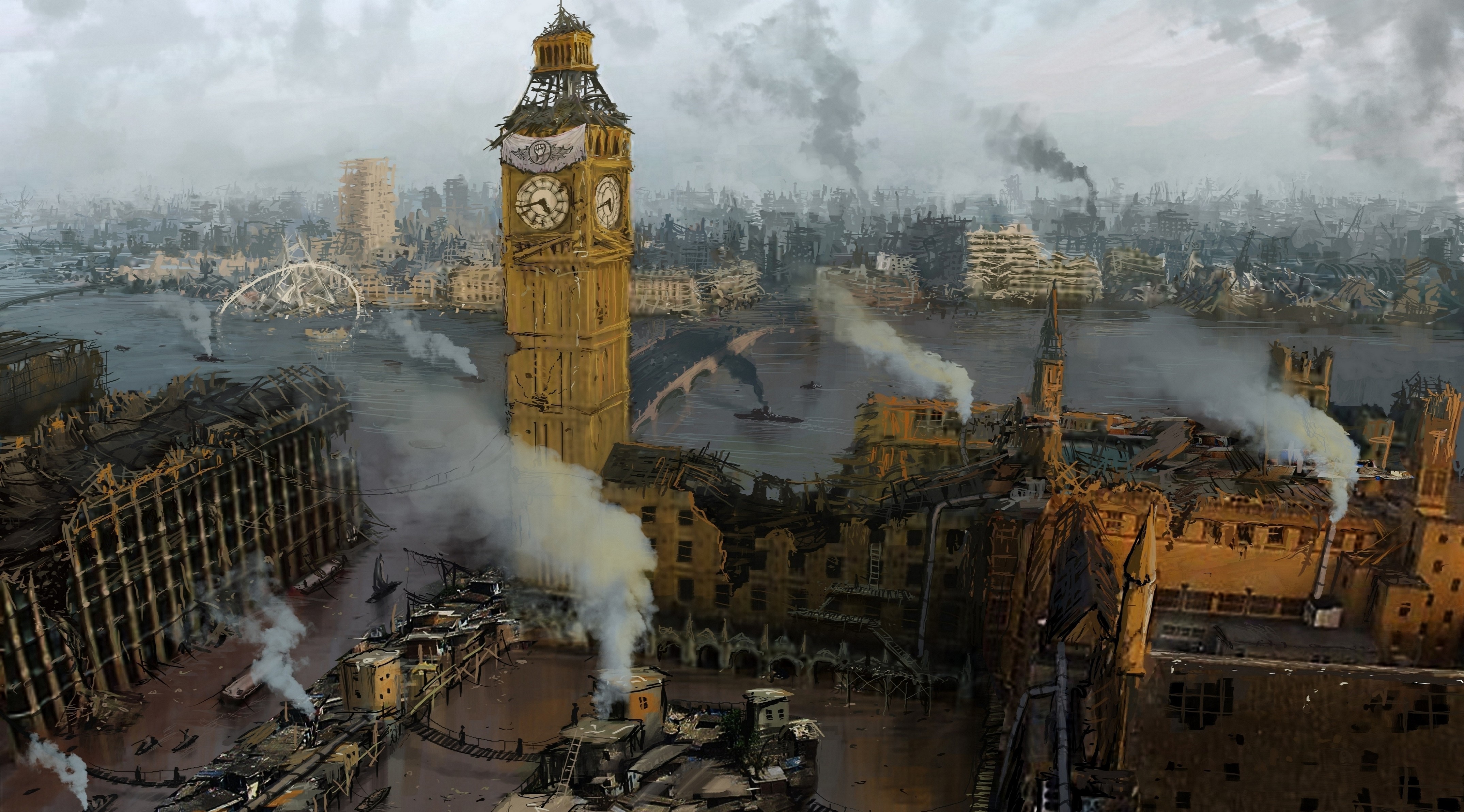 General 4297x2385 artwork London apocalyptic digital art England UK smoke city cityscape bridge Big Ben ruins