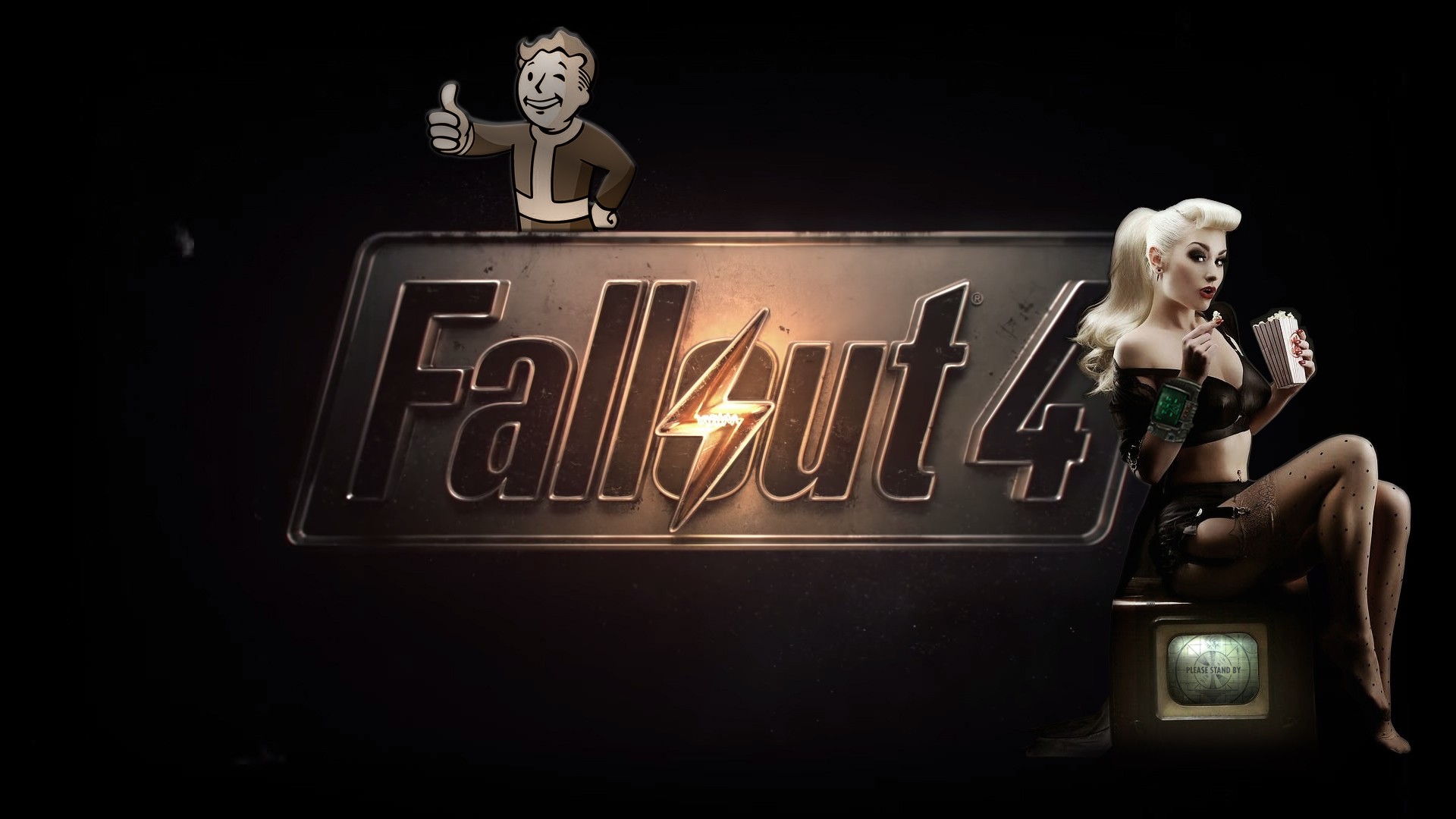 General 1920x1080 Fallout 4 Fallout Vault Boy popcorn video games women PC gaming black background simple background blonde food TV makeup bra stockings black bras