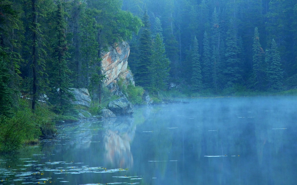 General 1230x768 landscape nature lake blue mist forest morning Jasper National Park Canada