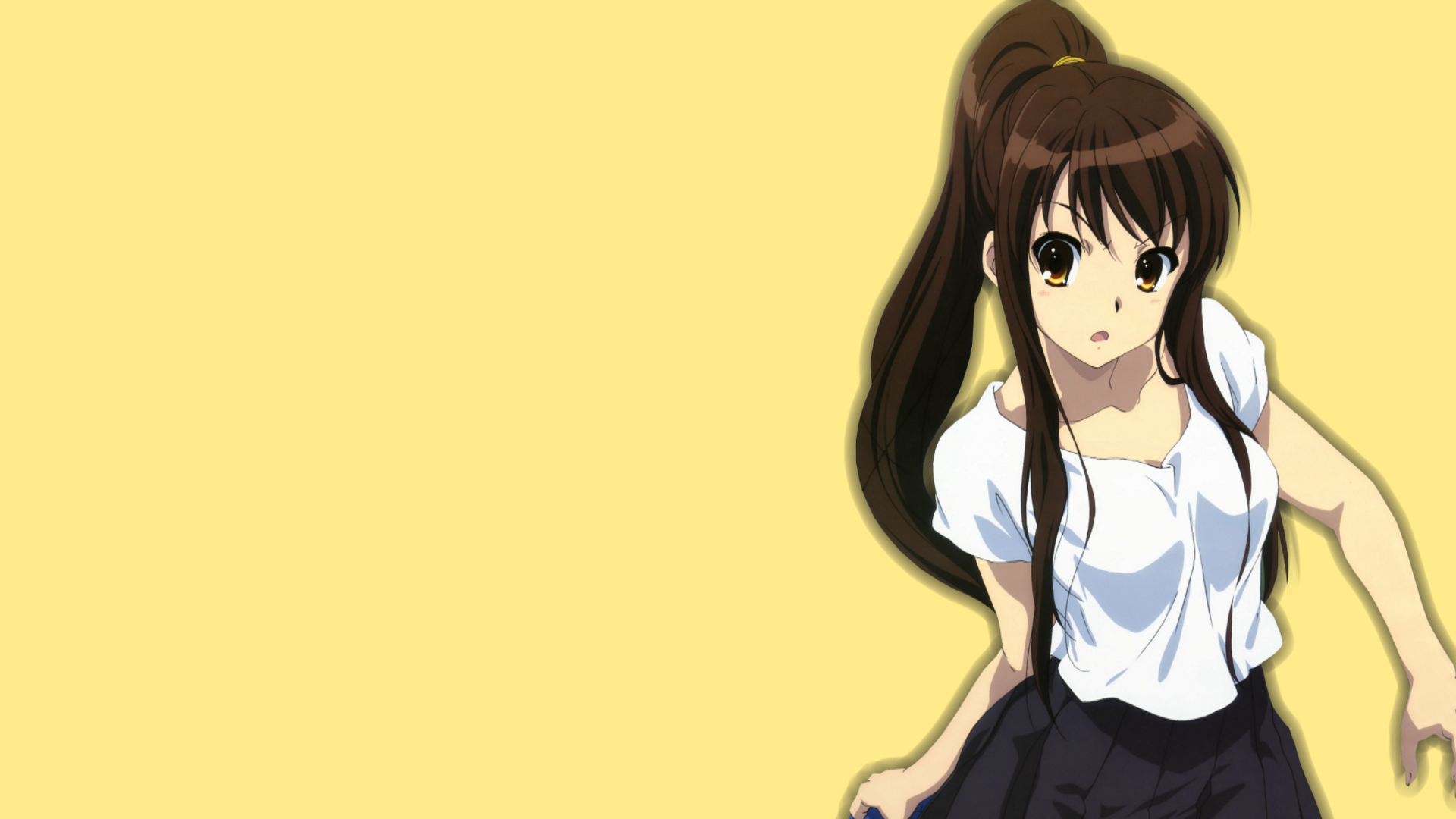 Anime 1920x1080 The Melancholy of Haruhi Suzumiya anime girls anime brunette simple background yellow background long hair looking at viewer