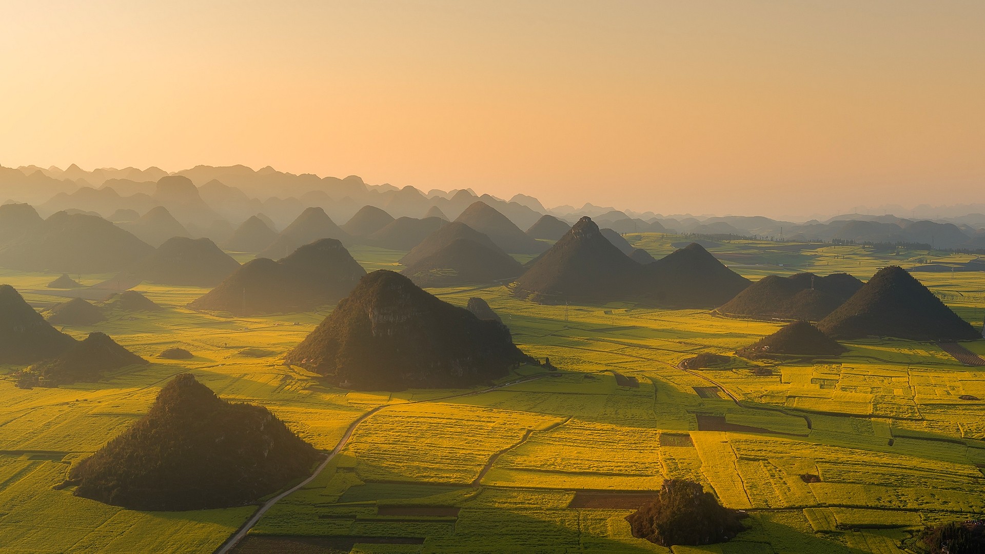 General 1920x1080 landscape nature field green mist hills aerial view road China sunset Asia Agro (Plants)