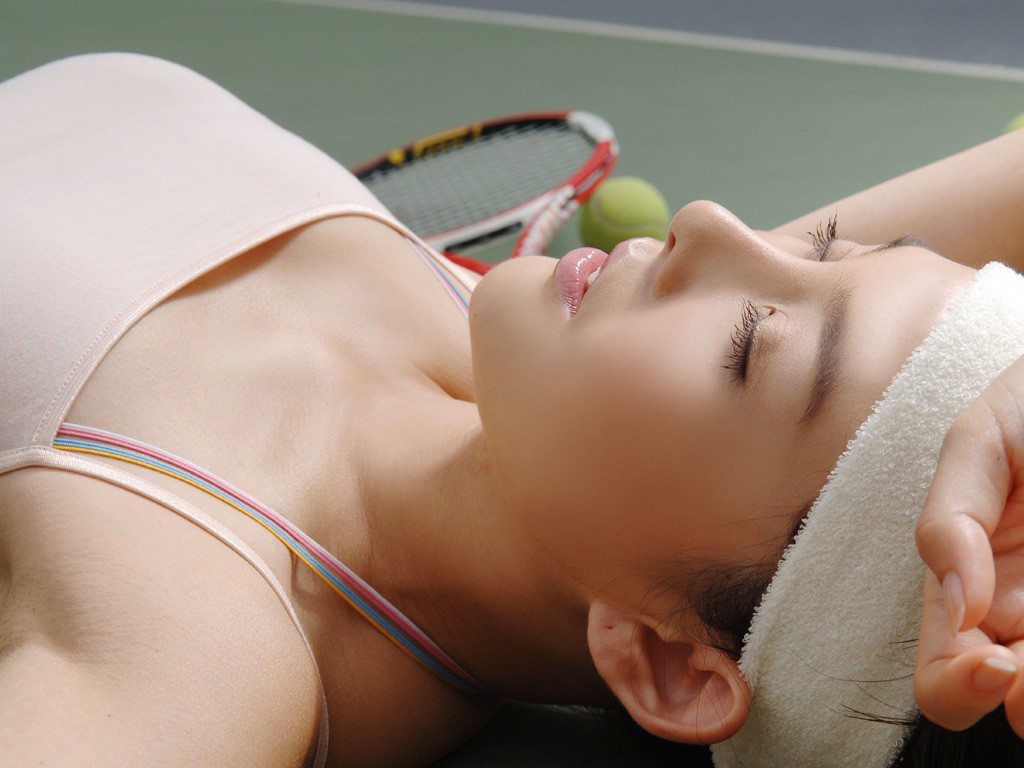 People 1024x768 tennis Asian women face closeup tennis rackets tennis court closed eyes model