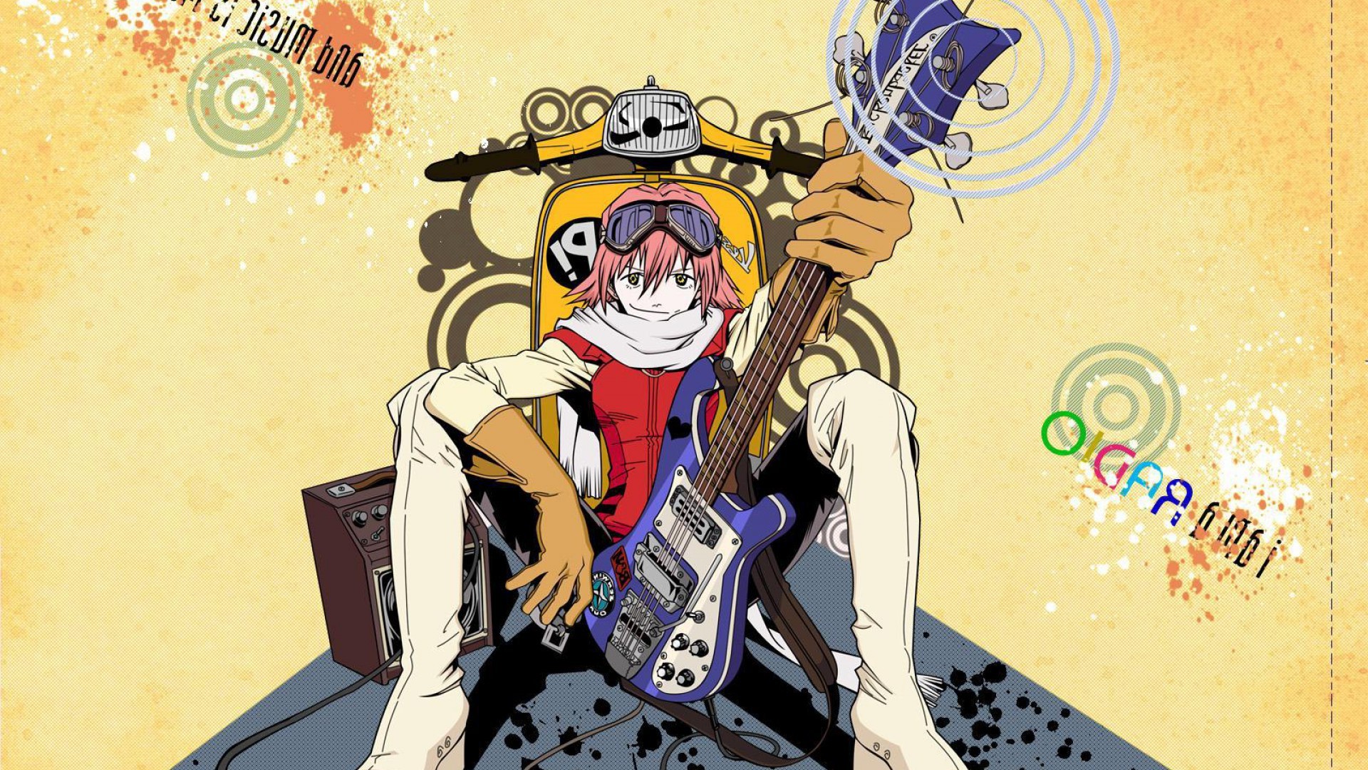 Anime 1920x1080 FLCL Haruhara Haruko anime guitar musical instrument sitting pink hair