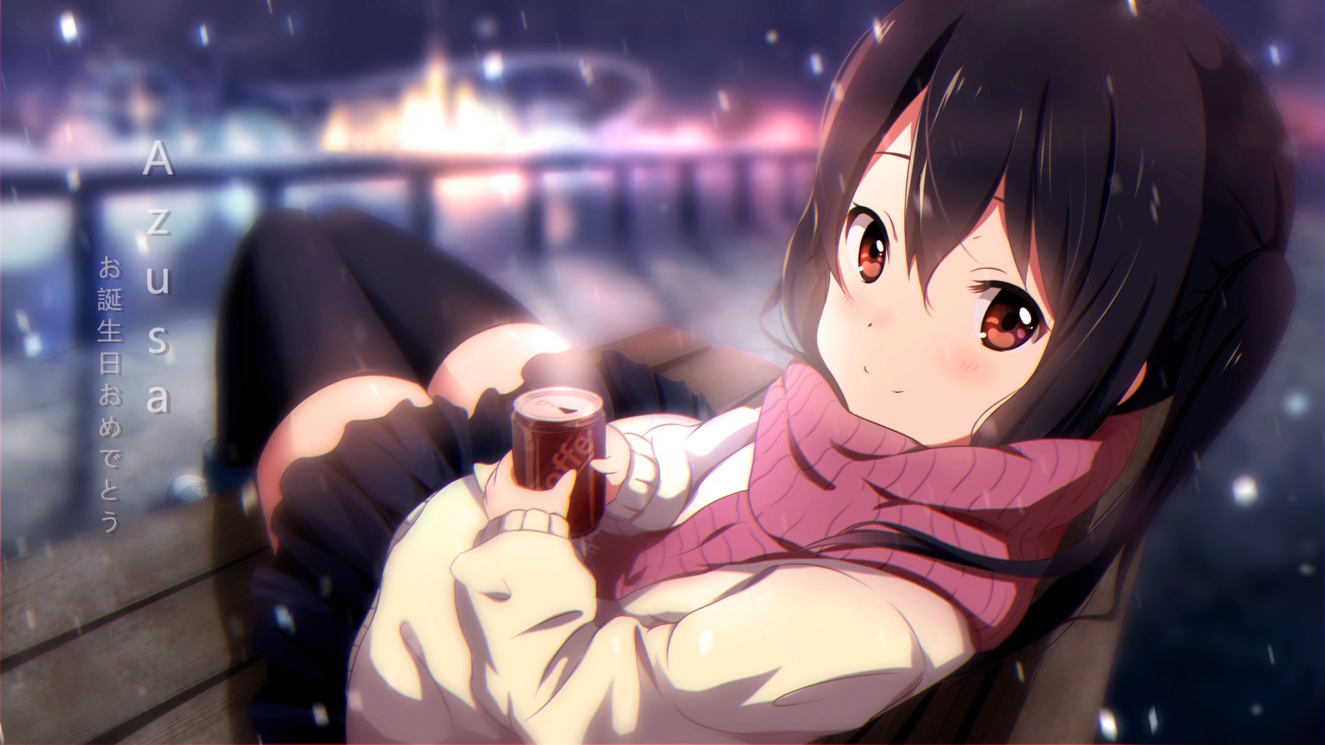 Anime 1920x1080 anime girls K-ON! anime Pixiv can coffee red eyes stockings black stockings thighs together looking at viewer urban women outdoors dark hair Nakano Azusa