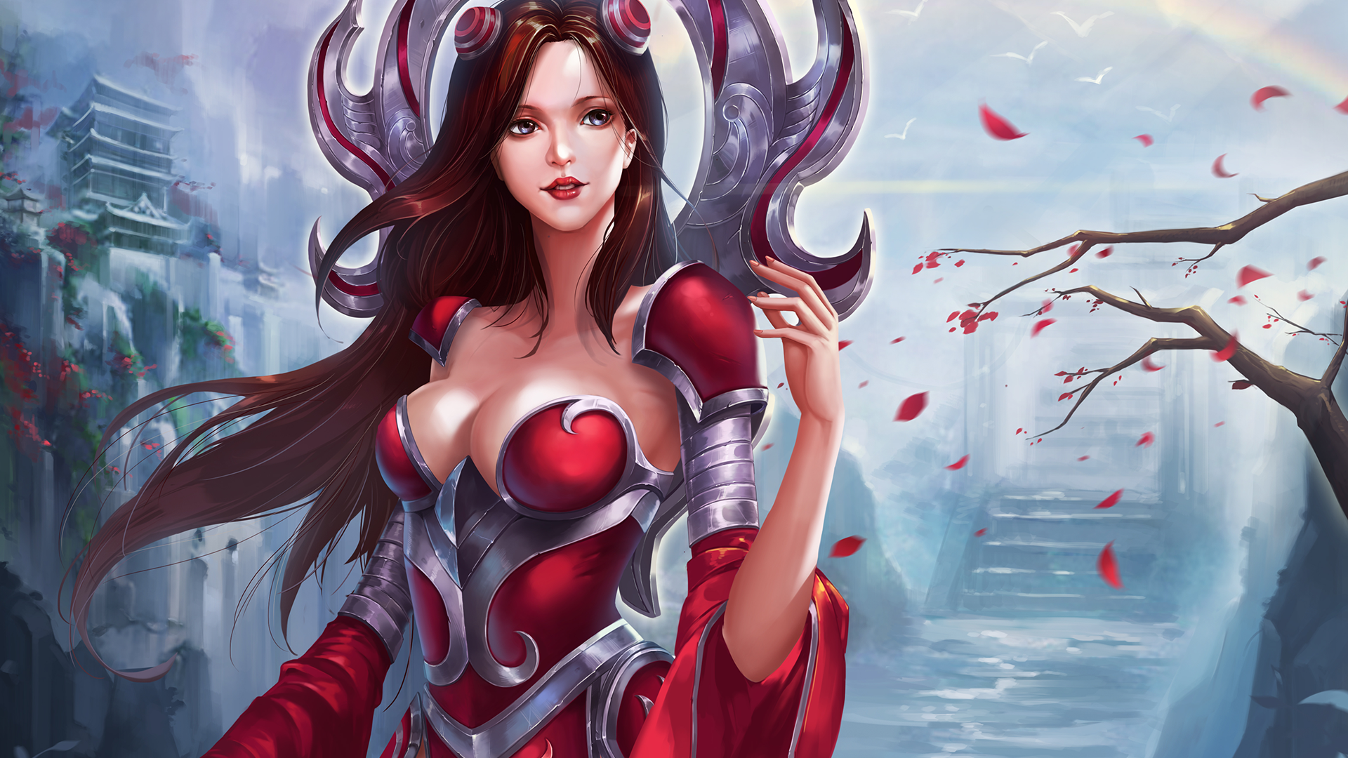 Anime 1920x1080 League of Legends cleavage PC gaming video game art Pixiv anime girls fantasy girl women video game girls boobs long hair fantasy armor